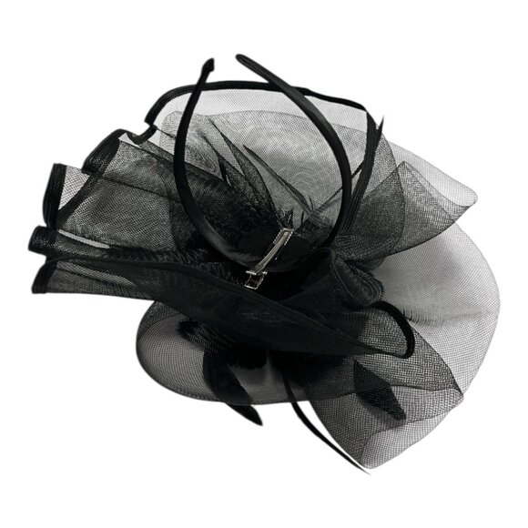 Black Mesh Fascinator Hat with Feather Flower and Headband Clip – Elegant Formal - Picture 6 of 7